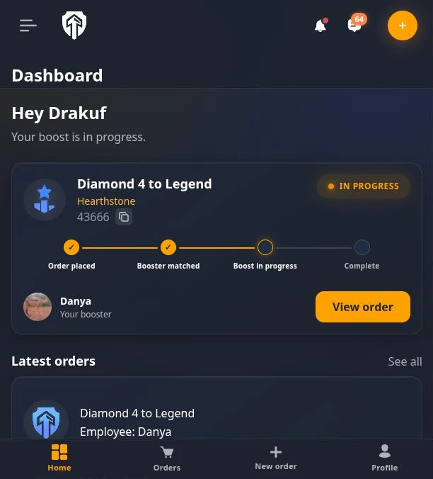 BuyBoosting-Kunden-Dashboard mit einer laufenden Boost-Bestellung, Fortschrittsphasen und Booster-Chat